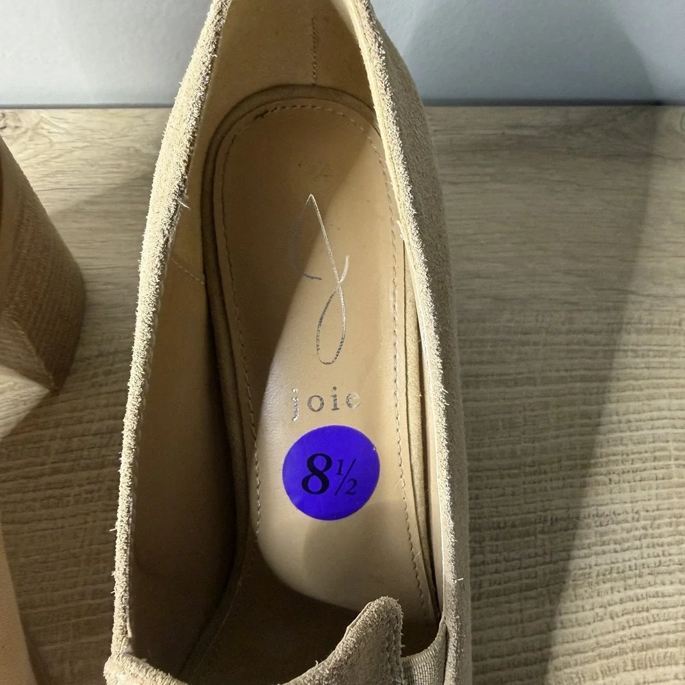 Joie Heeled Loafers Tan Suede Square Toe Block‎ Heel Slip On Mules 8.5 Career